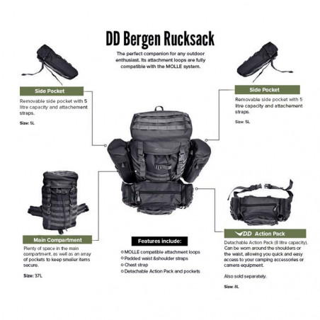 DD Hammocks Bergen Rucksack 55L negra - Mochila táctica de bushcraft